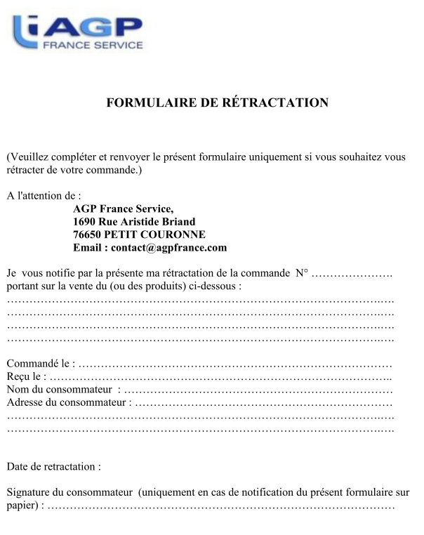 Formulaire de rétractation
